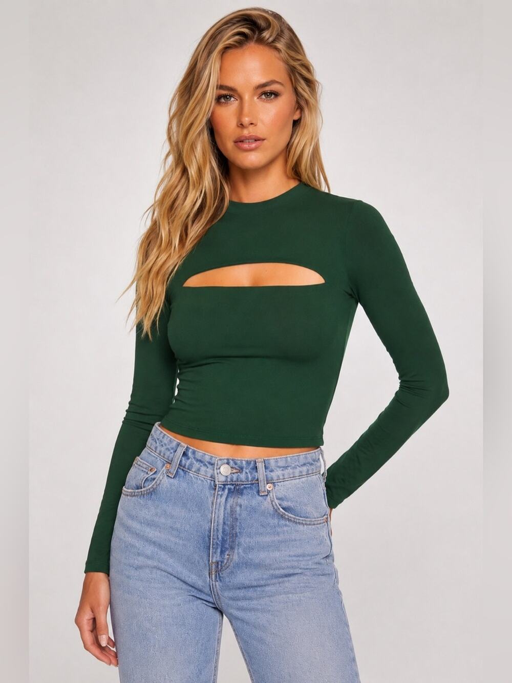 Susana Monaco Tuileries Dark Green Crew Slit Long Sleeve Top NWT Size Medium